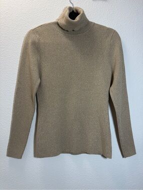 Liz Claiborne Womens M Sweater Gold Metallic Ribbed Turtleneck Long Sleeve Y2K